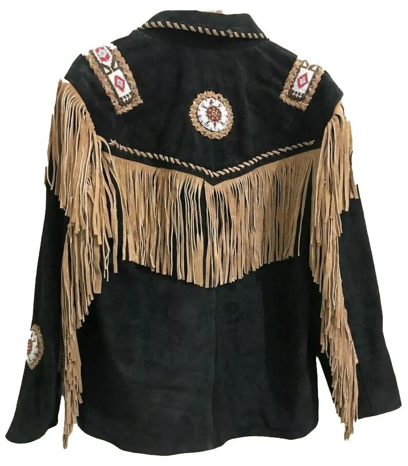 Western Black Suede Leather Fringe Beaded Jacket for Men MWJ506