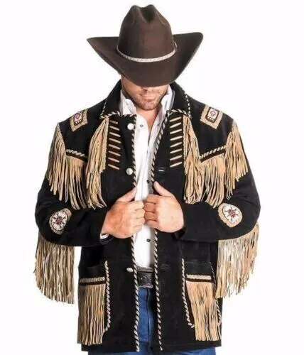 Western Black Suede Leather Fringe Beaded Jacket for Men MWJ506
