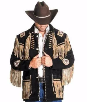 Western Black Suede Leather Fringe Beaded Jacket for Men MWJ506