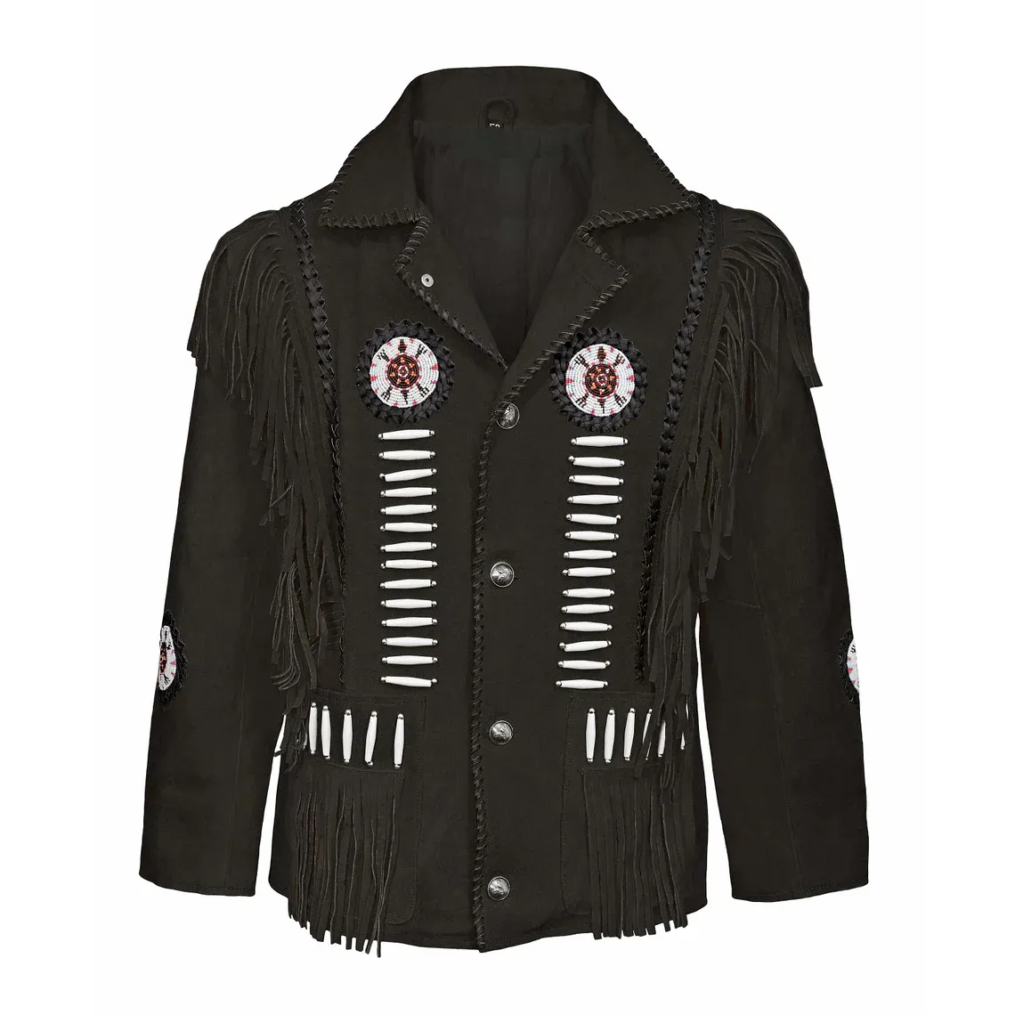 Western Black Suede Leather Fringe Beaded Jacket for Men MWJ507