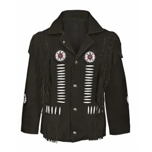Western Black Suede Leather Fringe Beaded Jacket for Men MWJ507