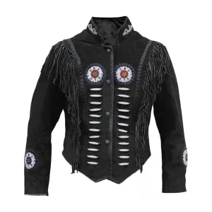 Western Black Suede Leather Fringe Beaded Jacket for Men MWJ512