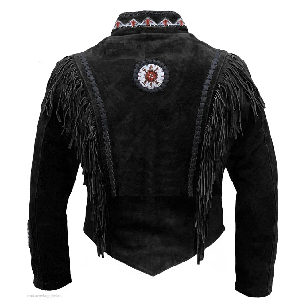 Western Black Suede Leather Fringe Beaded Jacket for Men MWJ512