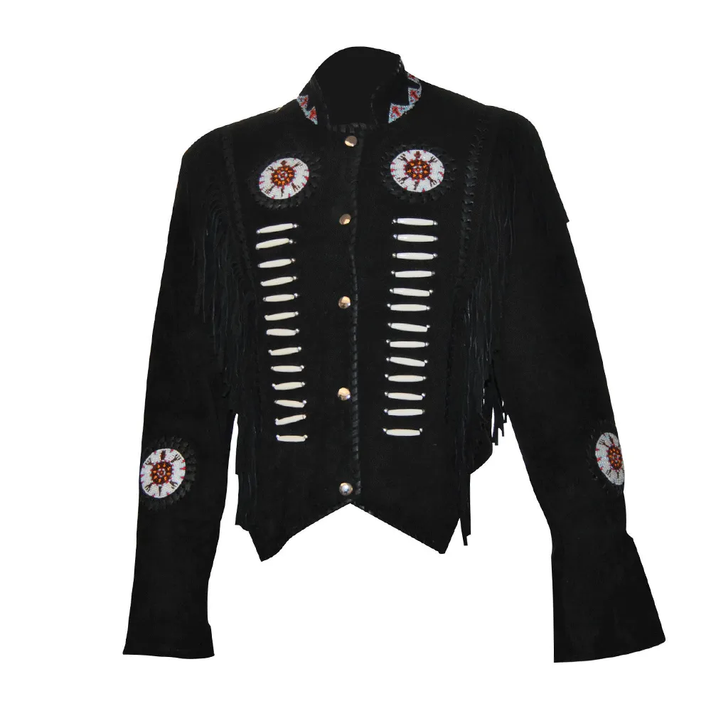 Western Black Suede Leather Fringe Beaded Jacket for Men MWJ512