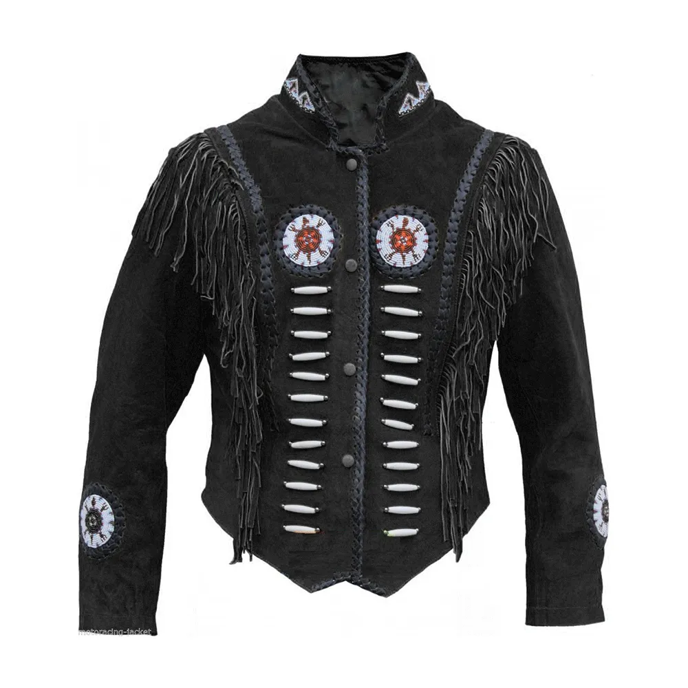 Western Black Suede Leather Fringe Beaded Jacket for Men MWJ512