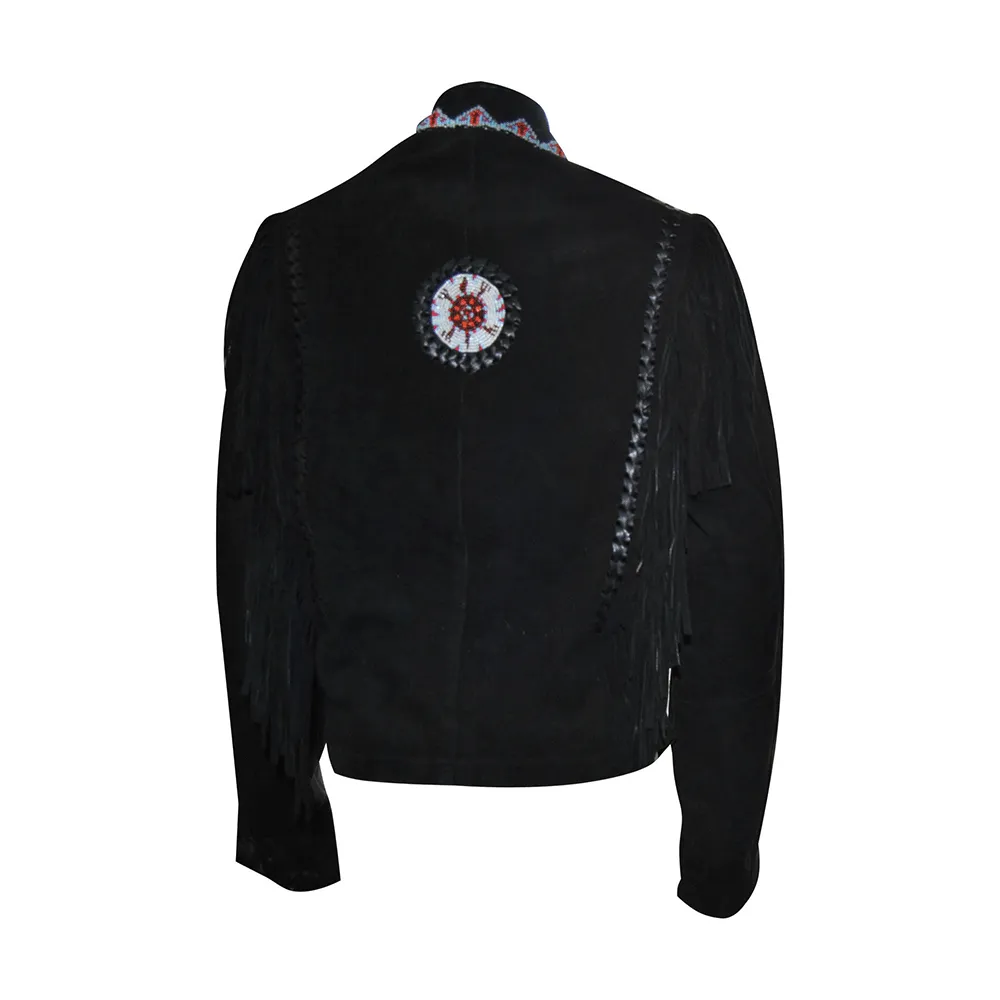 Western Black Suede Leather Fringe Beaded Jacket for Men MWJ512