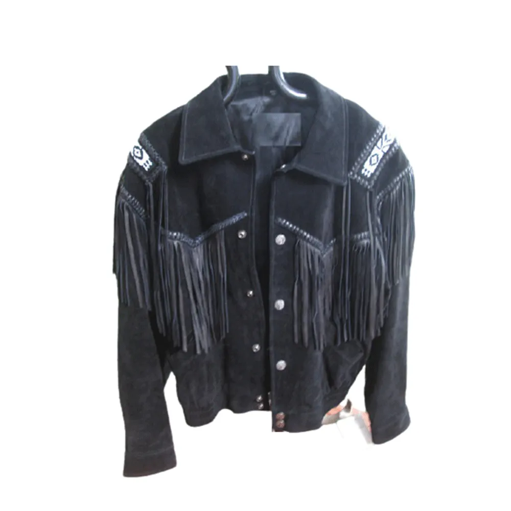 Western Black Suede Leather Fringe Beaded Jacket for Men MWJ534