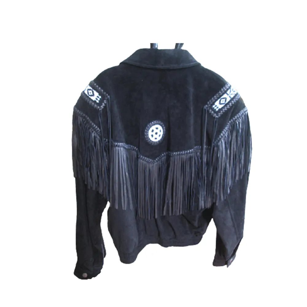 Western Black Suede Leather Fringe Beaded Jacket for Men MWJ534