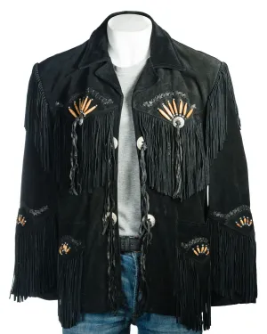 Western Black Suede Leather Fringe Bone work Jacket for Men MWJ532