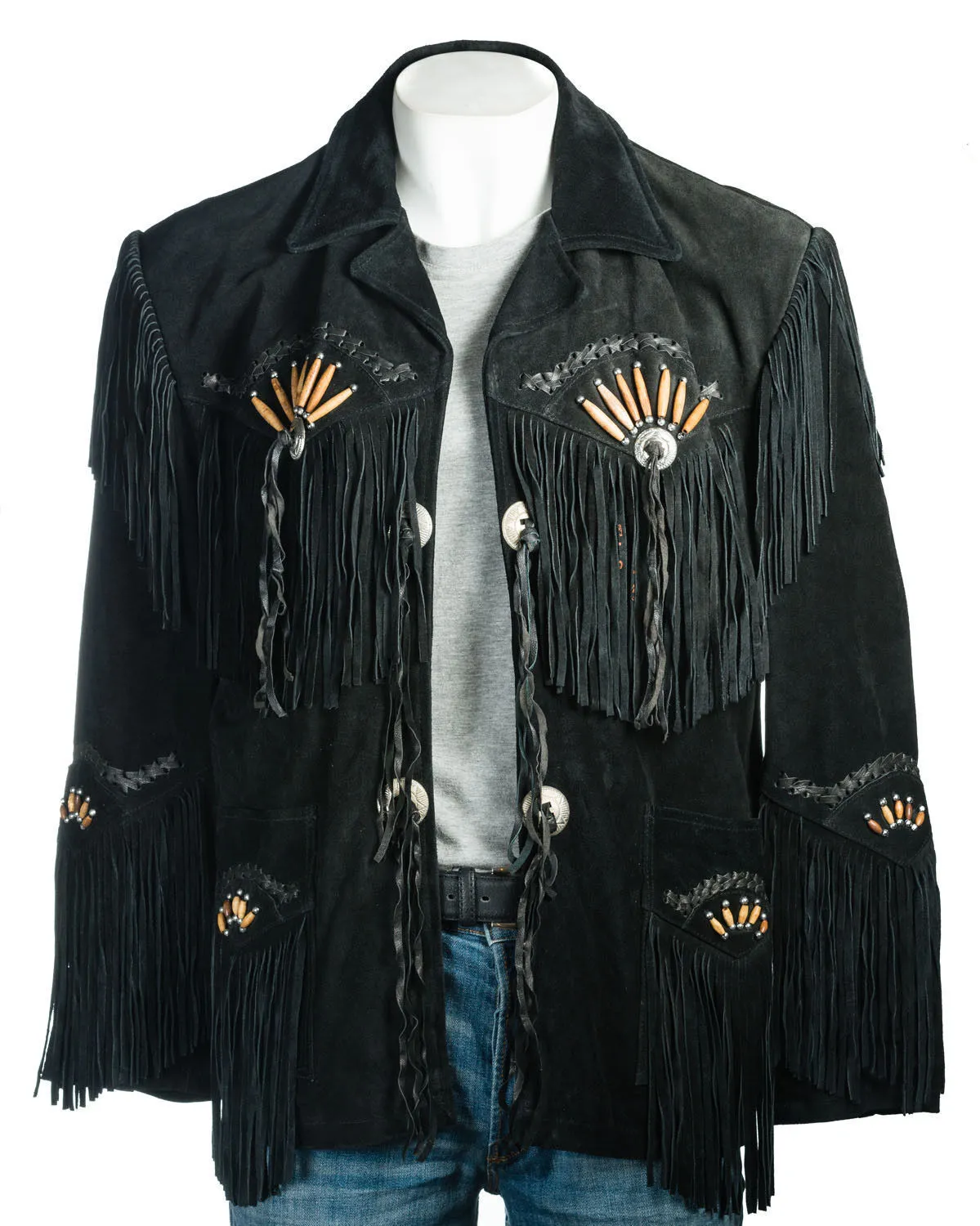 Western Black Suede Leather Fringe Bone work Jacket for Men MWJ532