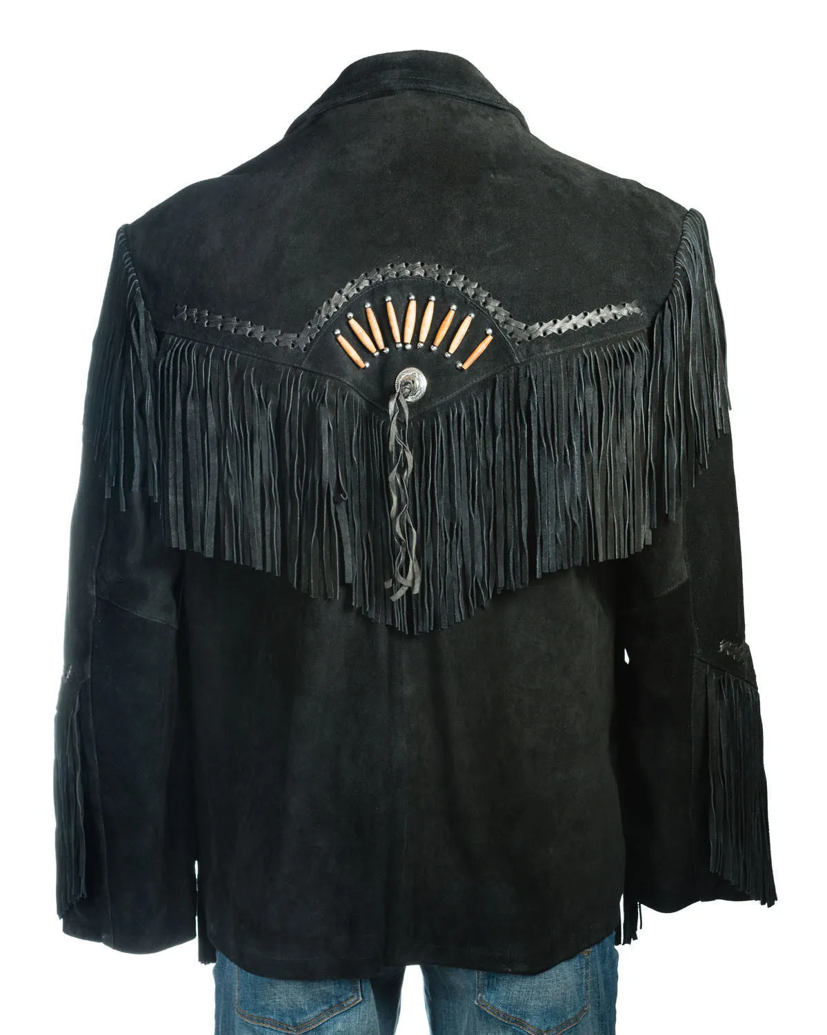 Western Black Suede Leather Fringe Bone work Jacket for Men MWJ532