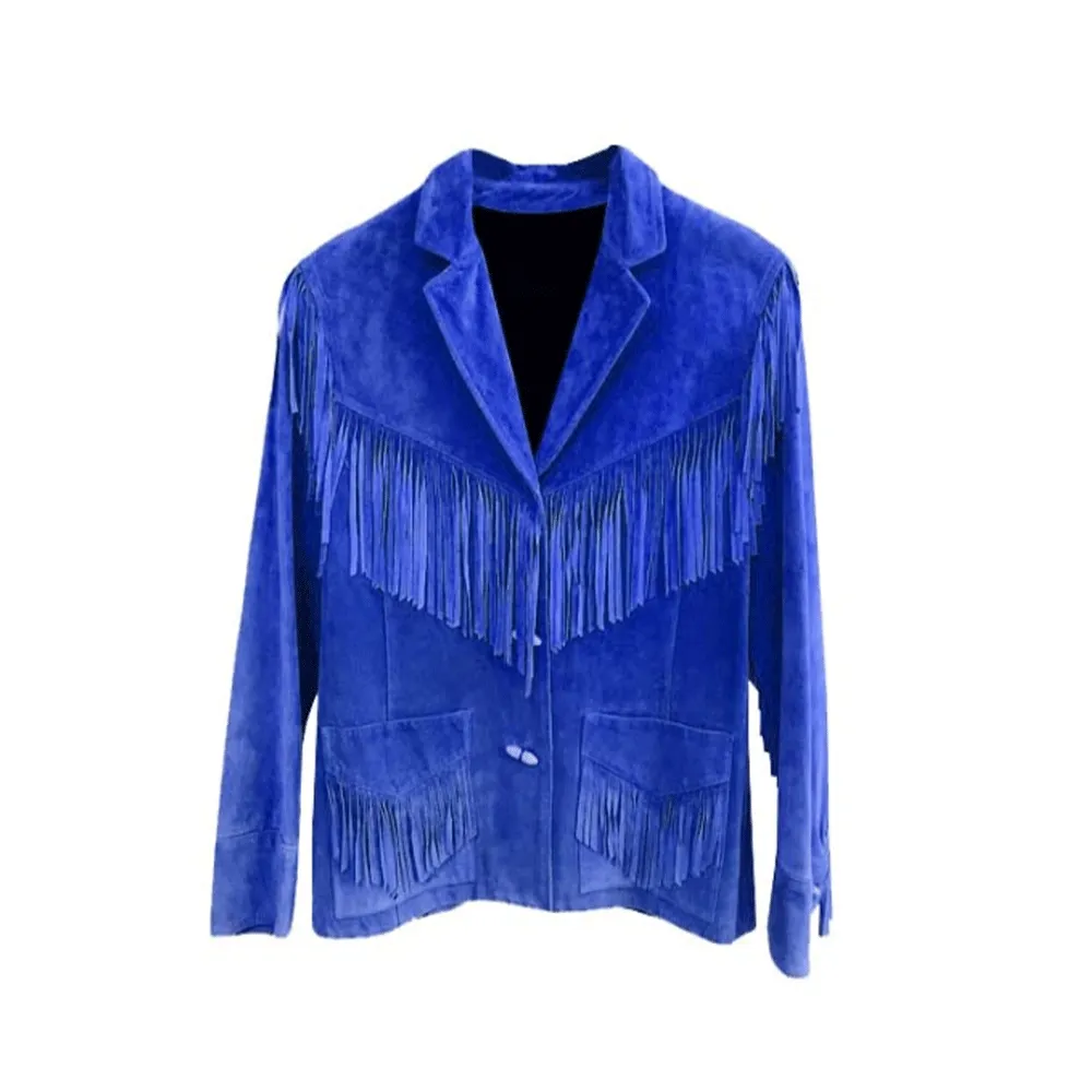 Western Blue Suede Leather Fringe Jacket for Men MWJ608