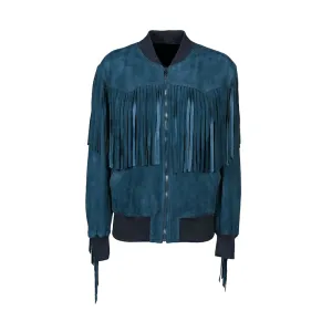 Western Blue Suede Leather Fringe Jacket for Men MWJ610