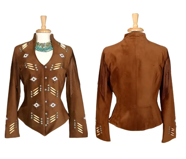 Western Brown Leather Beaded Jacket for Women WFJ514