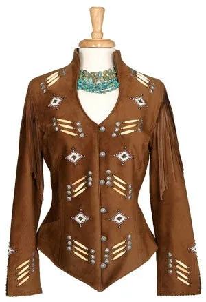 Western Brown Leather Beaded Jacket for Women WFJ514