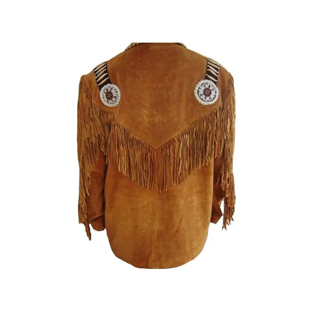 Western Brown Suede Fringe Leather Beaded Jacket for Men MWJ782