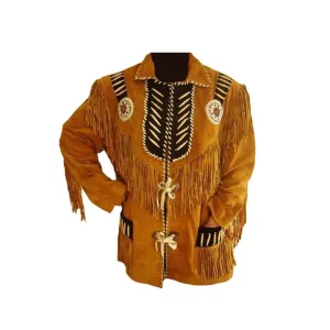 Western Brown Suede Fringe Leather Beaded Jacket for Men MWJ782