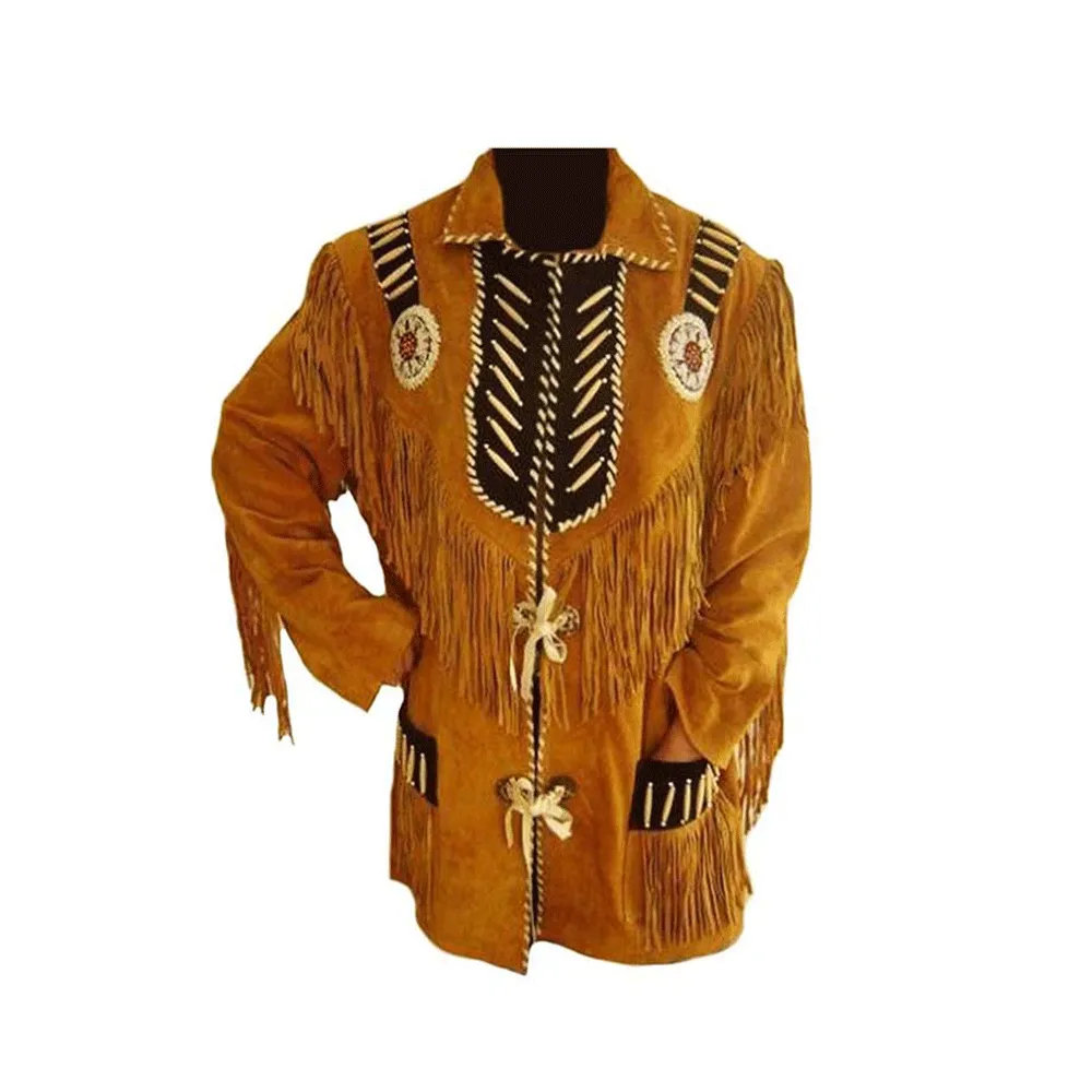 Western Brown Suede Fringe Leather Beaded Jacket for Men MWJ782