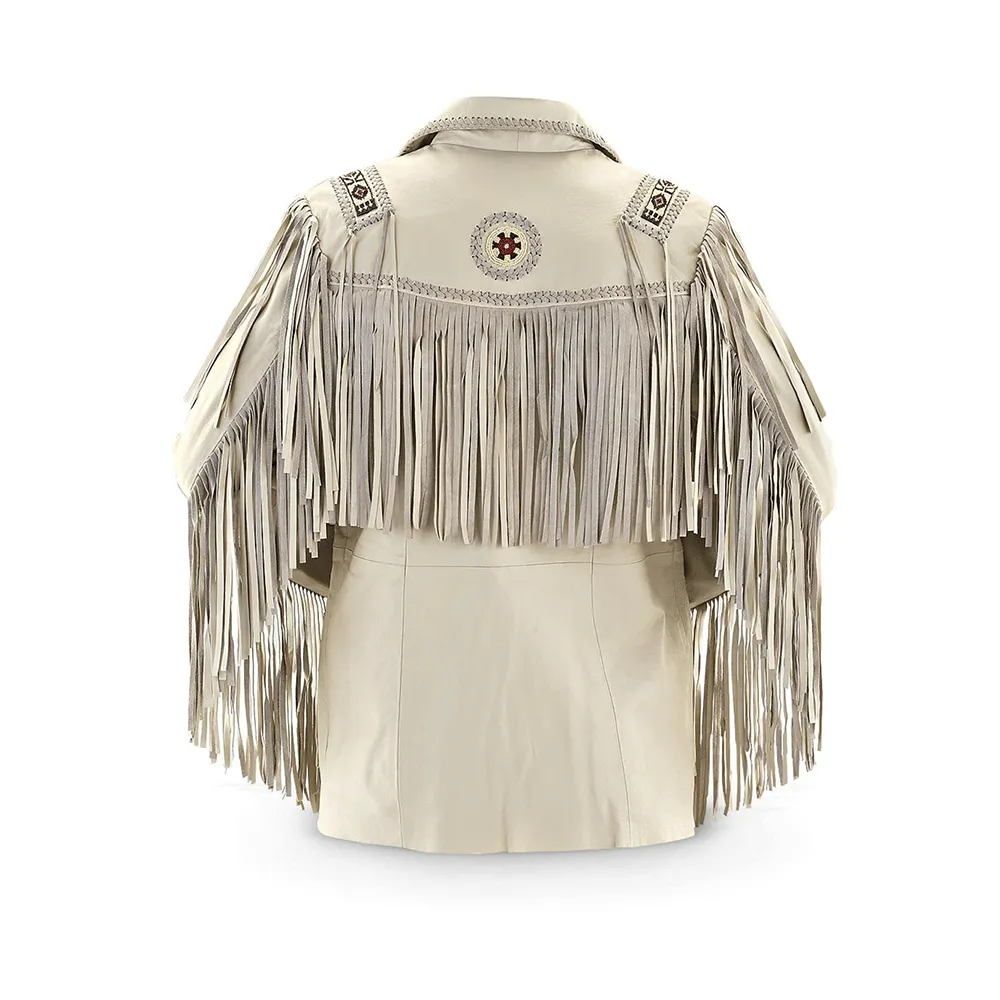 Western Fringe Beaded Beige Leather Jacket for Men MWJ302
