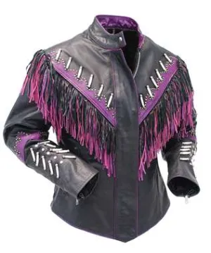 Western Fringe Black Leather Jacket for Women Cowgirl Biker Jacket WFJ703