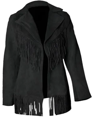 Western Fringe Black Suede Leather Jacket for Women Cowgirl WFJ714