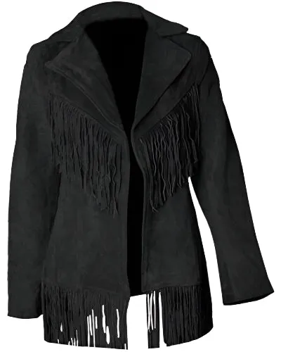 Western Fringe Black Suede Leather Jacket for Women Cowgirl WFJ714