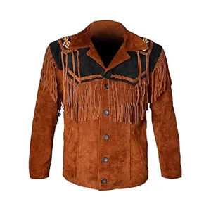 Western Fringe Brown Suede Leather Beaded Jacket for Men MWJ719