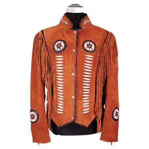 Western Fringe Brown Suede Leather Beaded Jacket for Women WFJ577