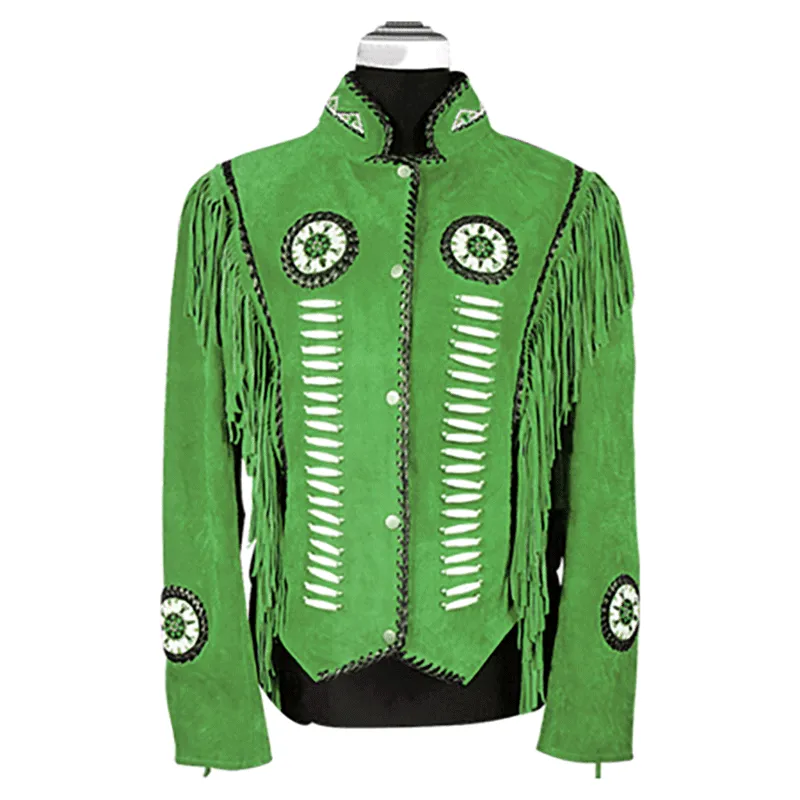 Western Fringe Brown Suede Leather Beaded Jacket for Women WFJ577