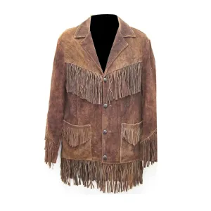Western Fringe Brown Suede Leather Jacket for Men MWJ727