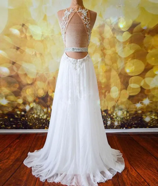 White Chiffon Tulle Appliques Lace Sweep Train Sexy Open Back Prom Dresses, Lace Formal Dresses