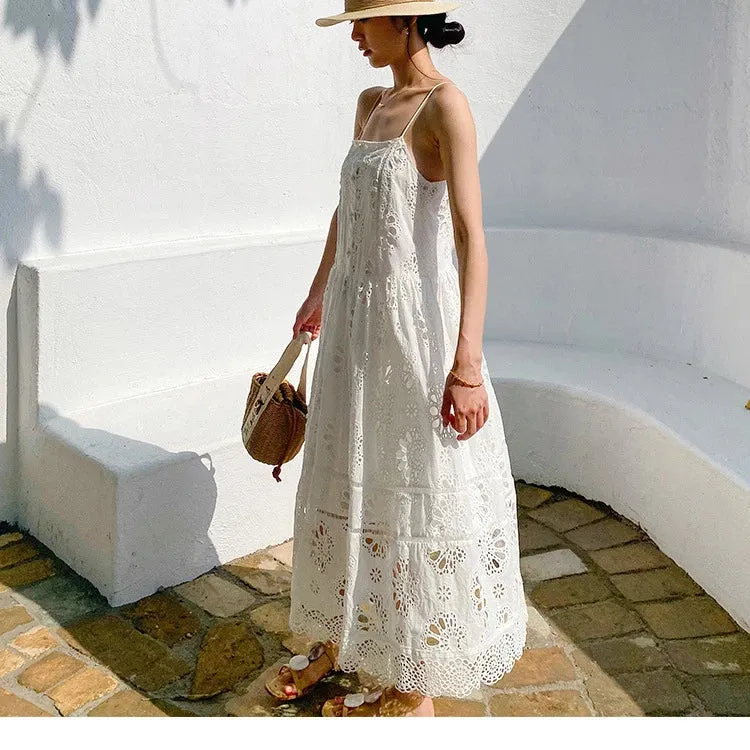 White Lace Dress Cotton Floral Embroidery Strap Sleeveless Women Summer Dress