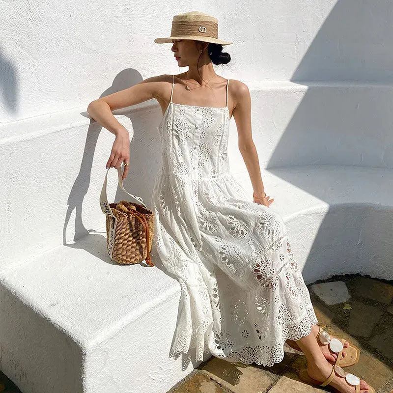 White Lace Dress Cotton Floral Embroidery Strap Sleeveless Women Summer Dress