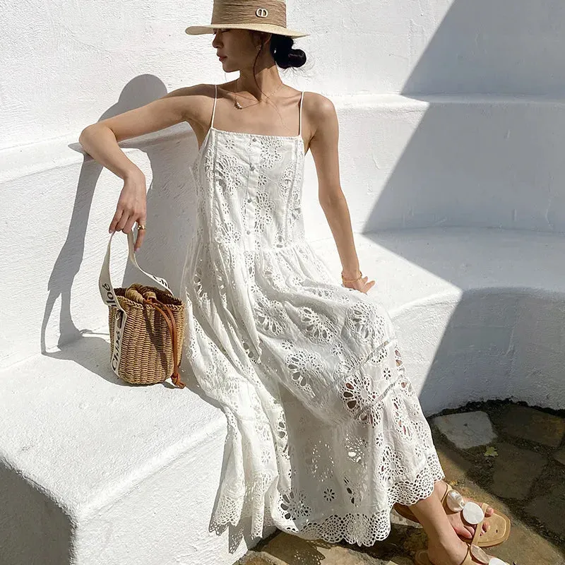 White Lace Dress Cotton Floral Embroidery Strap Sleeveless Women Summer Dress
