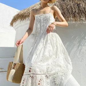 White Lace Dress Cotton Floral Embroidery Strap Sleeveless Women Summer Dress