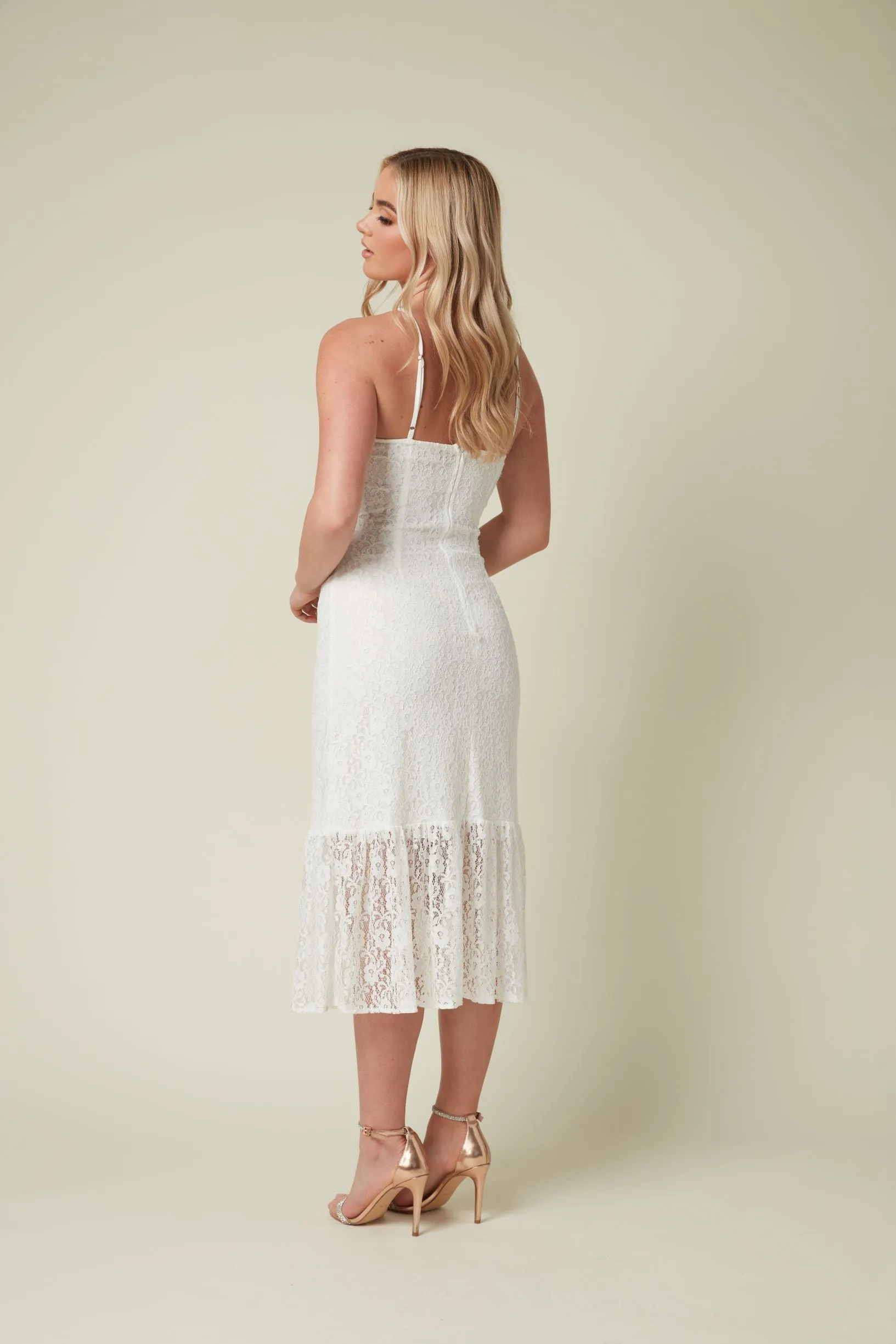 WHITE STRETCH LACE MIDI DRESS WITH BOTTOM FRILL