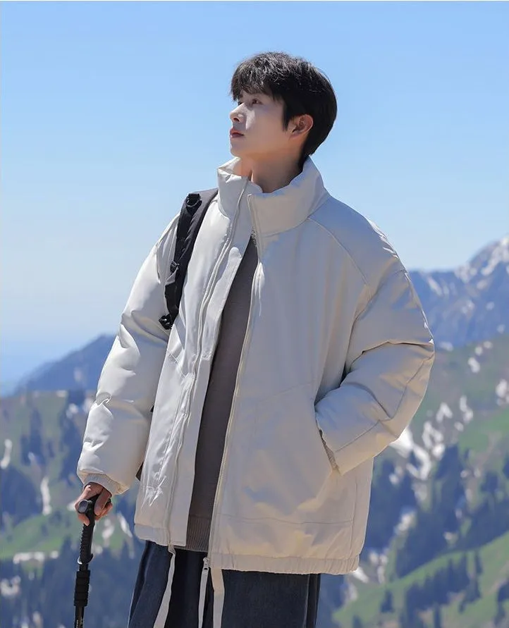 Windproof Relaxed-Fit Full Zip Puffer Jacket in Solid Colors