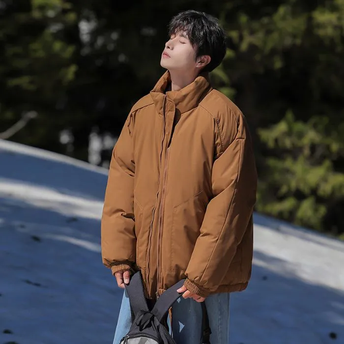 Windproof Relaxed-Fit Full Zip Puffer Jacket in Solid Colors