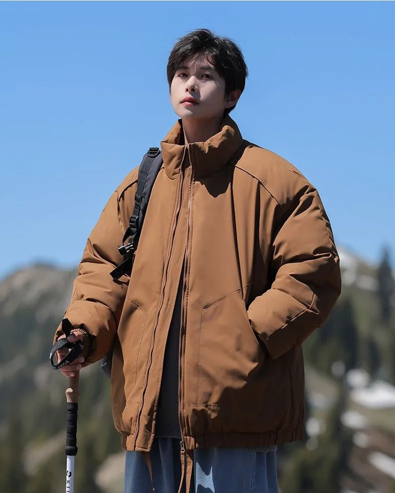 Windproof Relaxed-Fit Full Zip Puffer Jacket in Solid Colors