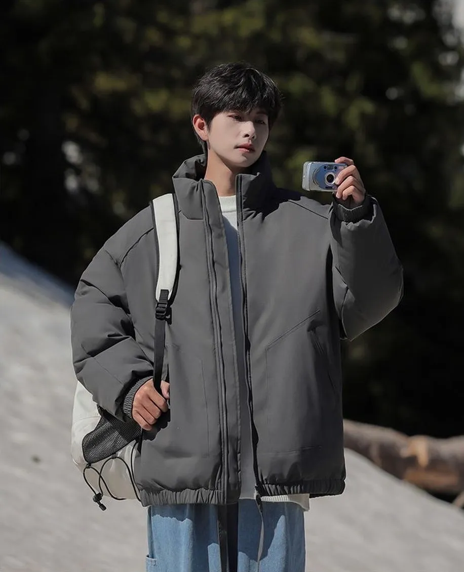 Windproof Relaxed-Fit Full Zip Puffer Jacket in Solid Colors