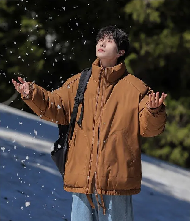 Windproof Relaxed-Fit Full Zip Puffer Jacket in Solid Colors