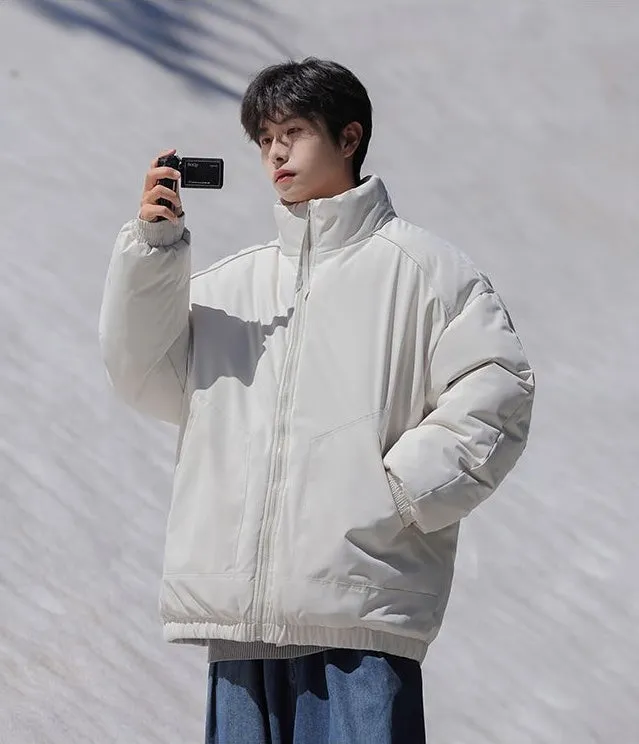 Windproof Relaxed-Fit Full Zip Puffer Jacket in Solid Colors