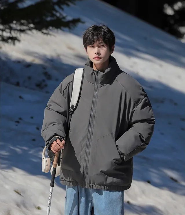 Windproof Relaxed-Fit Full Zip Puffer Jacket in Solid Colors