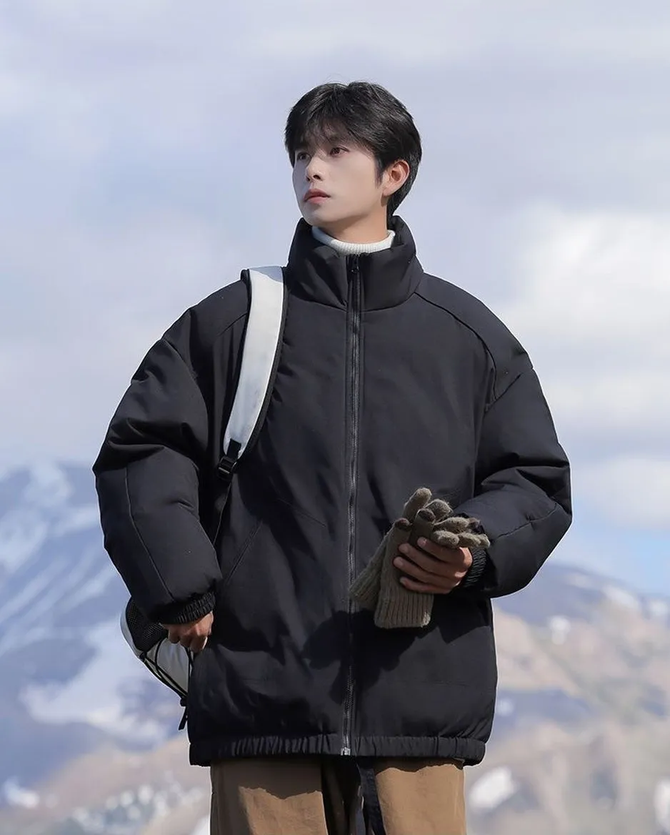 Windproof Relaxed-Fit Full Zip Puffer Jacket in Solid Colors