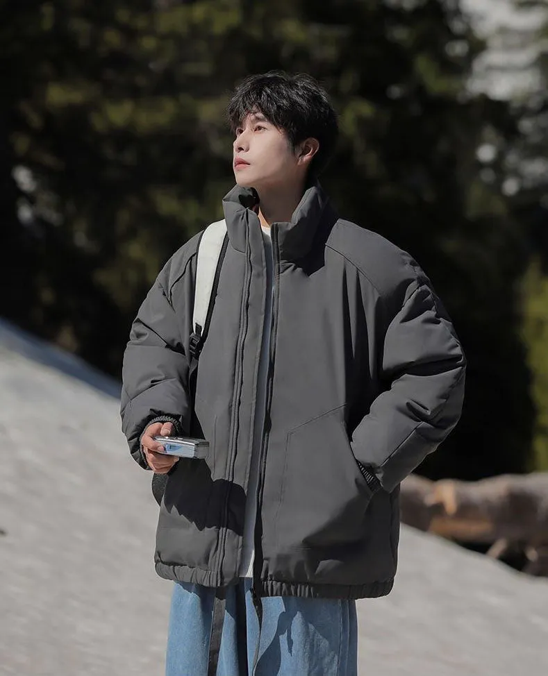 Windproof Relaxed-Fit Full Zip Puffer Jacket in Solid Colors