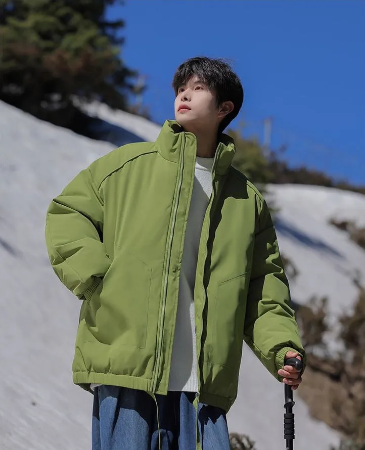 Windproof Relaxed-Fit Full Zip Puffer Jacket in Solid Colors