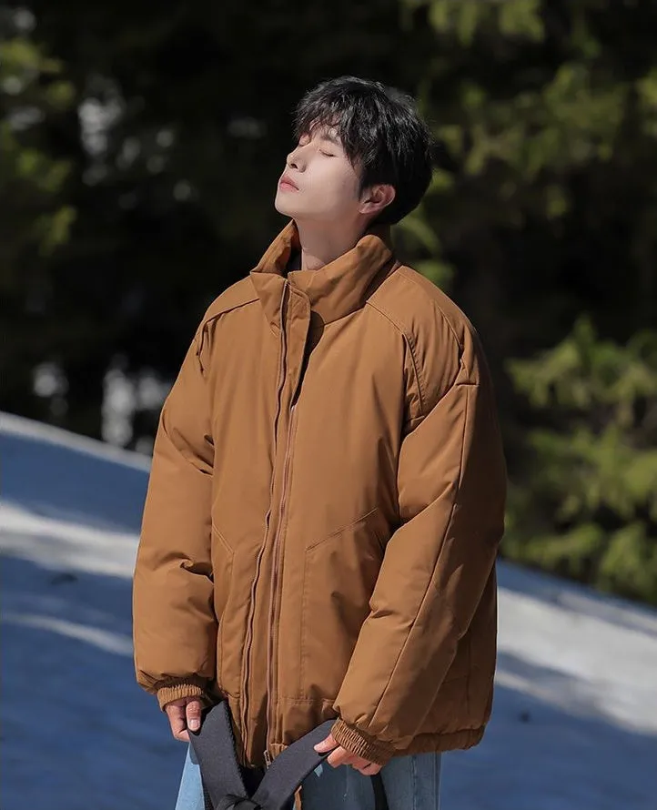 Windproof Relaxed-Fit Full Zip Puffer Jacket in Solid Colors