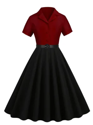 Wine Red Solid Color 1950S Vintage Shirt Swing Dress