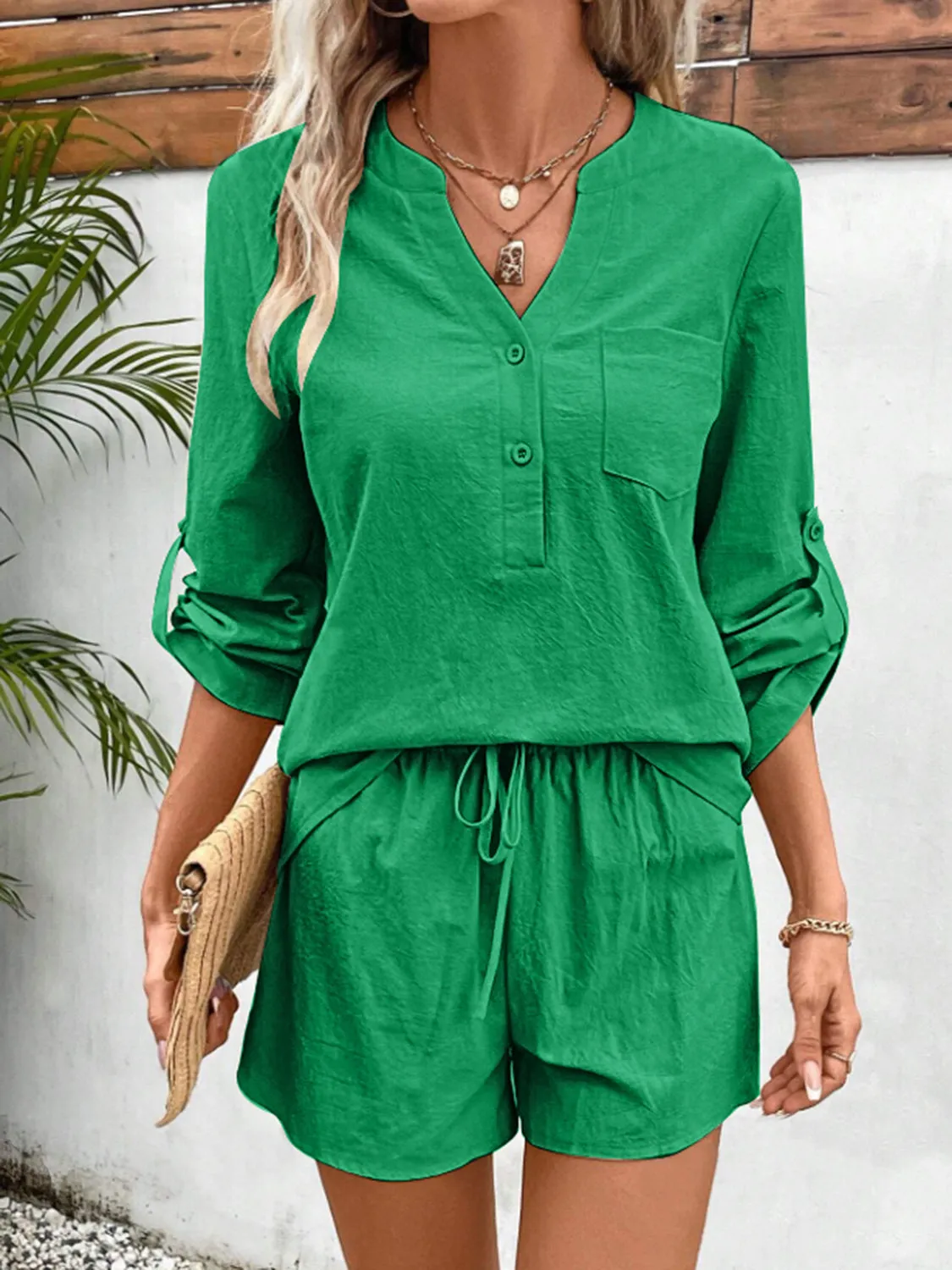 Winifred Notched Long Sleeve Top and Shorts Set
