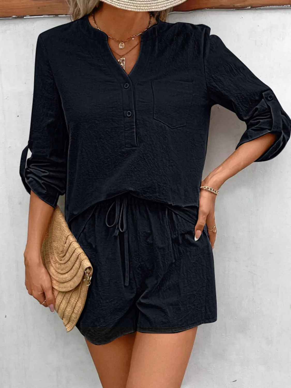Winifred Notched Long Sleeve Top and Shorts Set